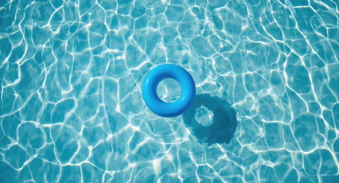 Swimming pool scene with a drifting inflatable ring viewed from overhead and empty copy space