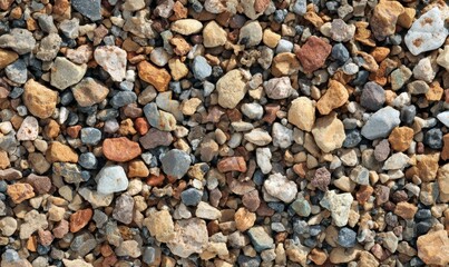 Flat gravel texture, irregular small stones in mixed earth tones, diffused daylight