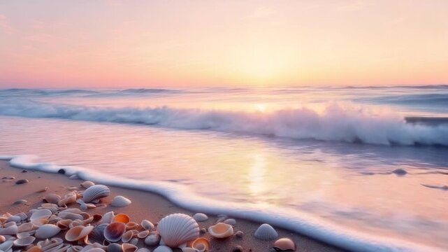A pastel sunset over the ocean, with seashells on the beach and gentle waves