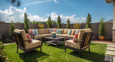 Fototapeta premium Upgraded modern patio featuring a cozy sectional sofa and armchairs with decorative cushions on lush green grass