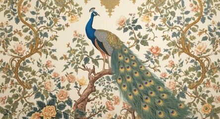 Intricate Mughal garden mural with peacock and lush botanical elements wallpaper design © TheWaterMeloonProjec