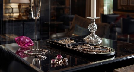 Fototapeta premium Polished living room interior presenting a console, gemstone, candlestick, and fashionable jewelry collection alongside copy space
