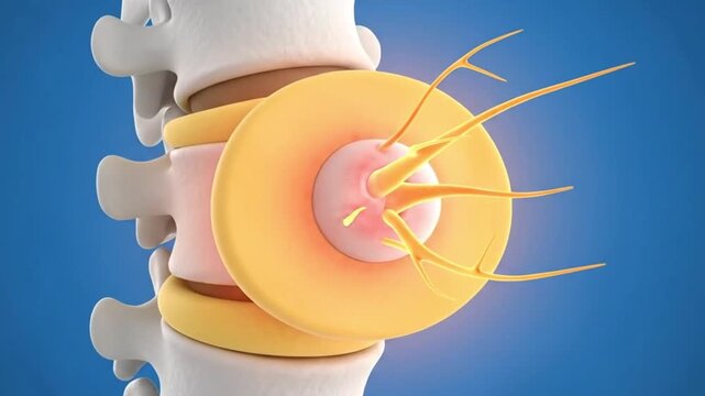 A video showcasing a detailed 3D animation of a spine with a herniated disc