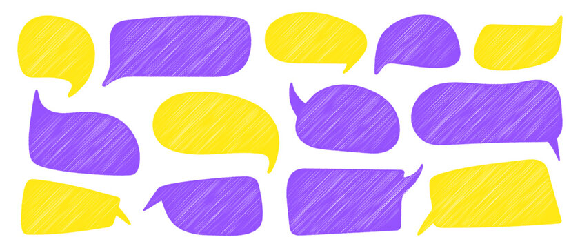 Text boxes of different shapes doodle set, Speech bubbles hand drawn chalk, Colored dialog chat frames.