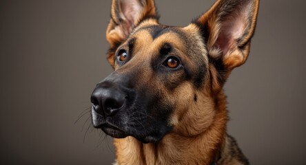 Sharp detailed portrait of a purebred German shepherds muzzle and thoughtful eyes