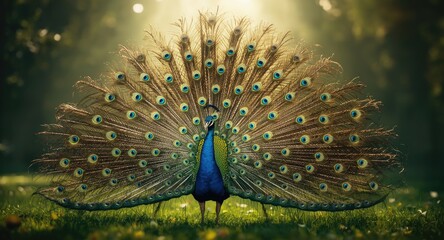 Obraz premium Portrait of peacock with tail fully fanned showing intricate glowing feather details