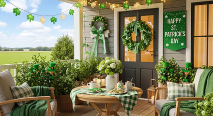 Obraz premium St. Patrick's Day front porch decor with wreath, potted flowers, shamrock cushions and cozy seating overlooking countryside.