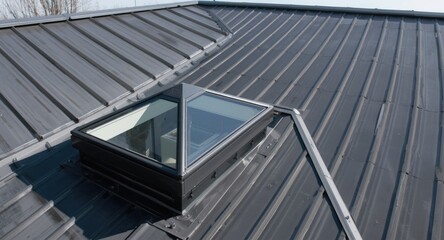 Naklejka premium Skylight mounted on a sloped roof with titanium zinc panels in view