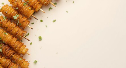 Fototapeta premium Close up of spiral potato skewers with blank copy space for design ideas
