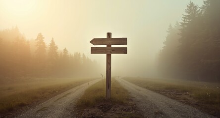 Fototapeta premium Dreamlike picture of a crossroads with signpost arrows presenting two divergent routes symbolizing choice and time