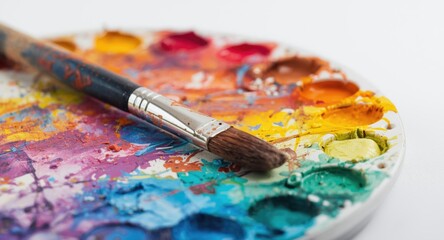 Fototapeta premium Watercolor paint palette covered in mixed colors with a brush resting