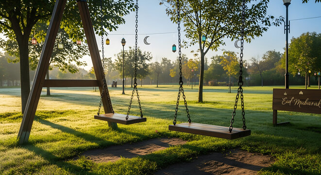 An empty wooden swing hangs from metal chains in a sunny outdoor park playground, surrounded by green grass and trees under a clear summer sky with nobody around to play