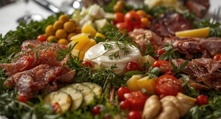 A gourmet meal display highlighting assorted ingredients