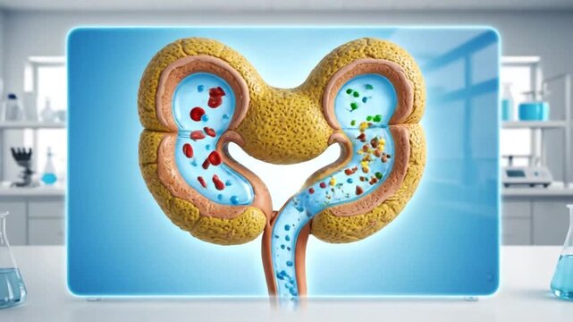 Kidney anatomy animation depicting blood filtration and waste removal processes within the nephrons in a laboratory setting