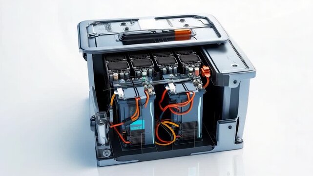 A semi-transparent rendering showcases an industrial component, batteries, wiring, and other mechanics inside a box
