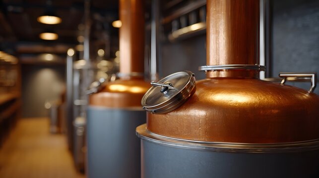 Gleaming copper stills and brewing equipment are showcased in the warm industrial interior of a modern distillery highlighting the craft of beverage