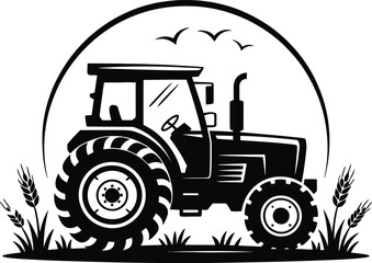 Obraz premium A black and white tractor working in a field under a full moon.