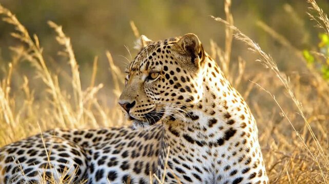 Close-up of a majestic leopard resting in dry golden grass, looking alert in the warm sunlight.