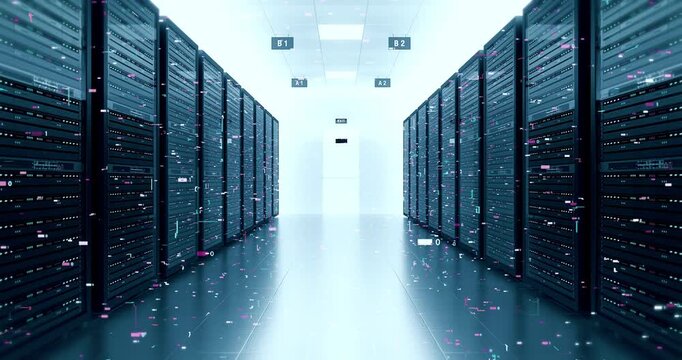 Cloud Computing Data Center with Infinite Server Rows 4K. Technology And AI Related 3D Animation.