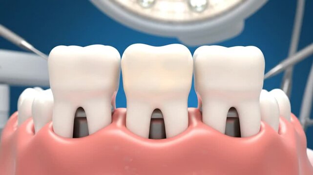 Dental implant process animation showing the placement of three artificial teeth in the mouth
