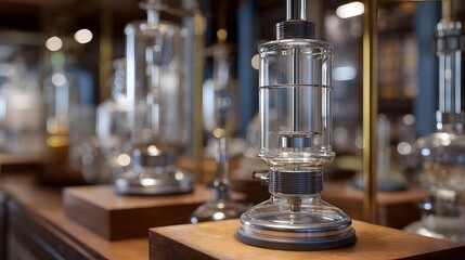 Vintage glass distillation apparatuses in a scientific laboratory setting detailed focus on foreground equipment