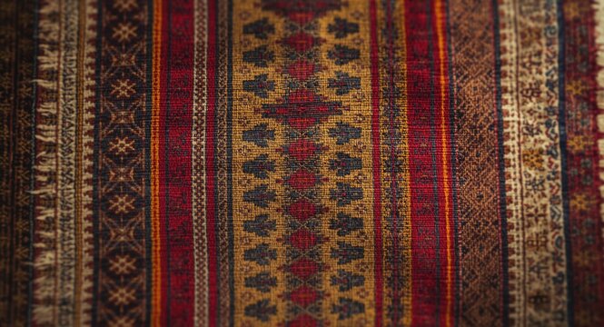 Top perspective of traditional ulos textile with complex ethnic geometric patterns and weaving