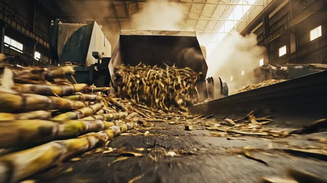 In a bustling sugarcane processing facility, heavy machinery works tirelessly, transporting freshly harvested stalks through a cloud of dust and steam, epitomizing industrious energy and innovation.