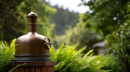Copper distillery apparatus sits in a lush serene natural garden setting