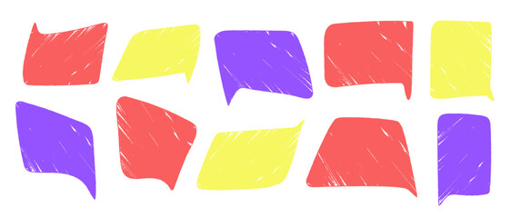 Fototapeta premium Speech bubble texture crayon pencil or chalk set, Hand drawn text boxes frames grunge texture, Colored dialog chats.