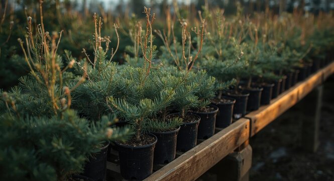Ornamental nursery showcasing robust growth of pine and fir seedlings in pots