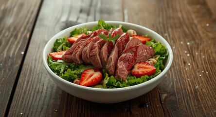 Vibrant salad combining roast beef strips and fresh strawberry halves