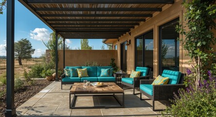 Modern garden furniture arrangement on a spacious verandah terrace