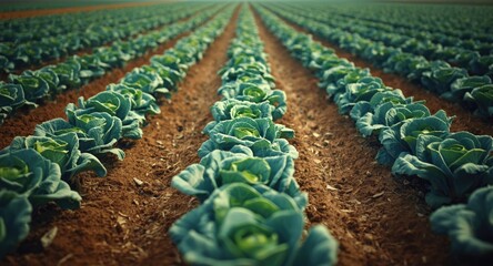 Fototapeta premium Commercial cabbage growing field with orderly planted rows