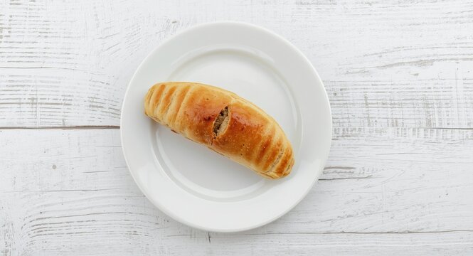 White plate holding homemade beef sausage kolache with copyspace and textured white wood background