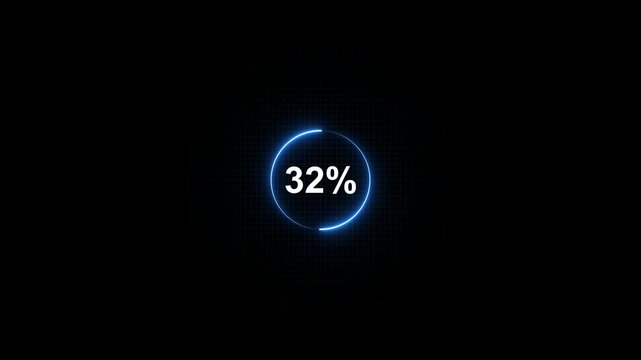 Glowing Blue Circle Progress Bar with 32 Percent Sign Neon Light Animation on Dark Background for Infographics and Data Visualization
