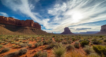 Fototapeta premium Sun soaked desert scene highlighted by towering red rocks and green cactus patches under a blue sky filled with gentle clouds and copy space
