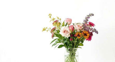 Fototapeta premium Decorative living area with fresh flowers in a vase set before a white background