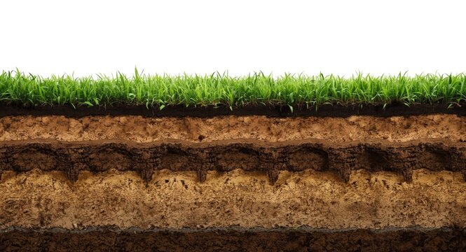 White graphic art of grassy land showing exposed soil strata cross section