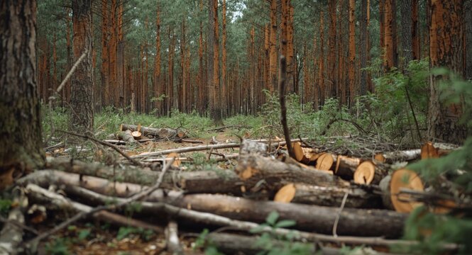 Natural forest area displaying chopped tree sections and scattered branch debris
