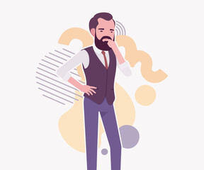 Modern business leader, smart businessman thinking pose. Elegant high quality attire, tech savvy professional planning market trend, vector flat style cartoon illustration abstract creative background