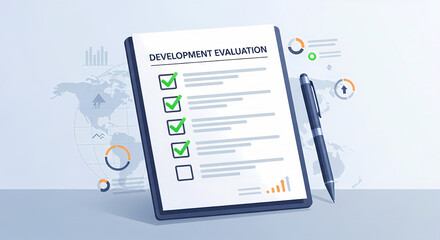 A 3d rendered illustration shows a successful "development evaluation" checklist being completed with green checkmarks, analytical blue background with abstract data visualizations.
