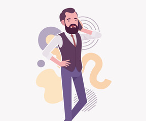 Modern business leader, smart businessman phone talk. Elegant high quality attire, tech savvy professional planning market trend, vector flat style cartoon illustration abstract creative background
