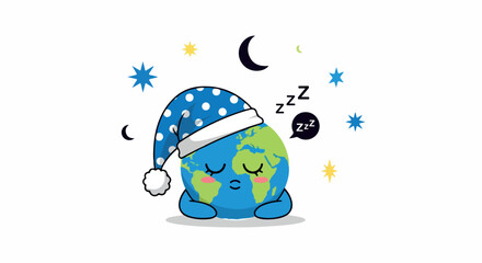 Fototapeta premium Cartoon illustration of the Earth wearing a sleep cap with stars and moons around it, conveying a peaceful and sleepy mood on a white background.