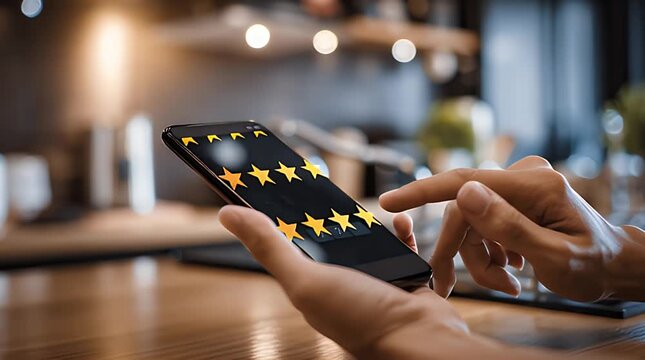 Hands holding smartphone with gold stars.