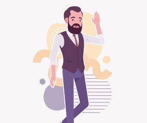 Modern business leader, smart businessman hello pose. Elegant high quality attire, tech savvy professional planning market trend, vector flat style cartoon illustration abstract creative background