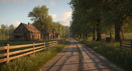 Obraz premium Scenic farm residences facing a calm country lane
