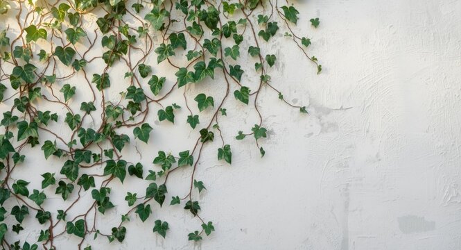 white concrete wall featuring dense green vine texture under soft natural light with copy space
