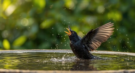 Obraz premium Cheerful male blackbird flapping wings and splashing water droplets while bathing in a natural bird bath