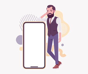 Modern business leader, smart businessman phone lean. Elegant high quality attire, tech savvy professional planning market trend, vector flat style cartoon illustration abstract creative background