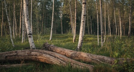 Fototapeta premium Relaxing woodland scene with birch trees, dense grass, and aged wooden trunks artwork